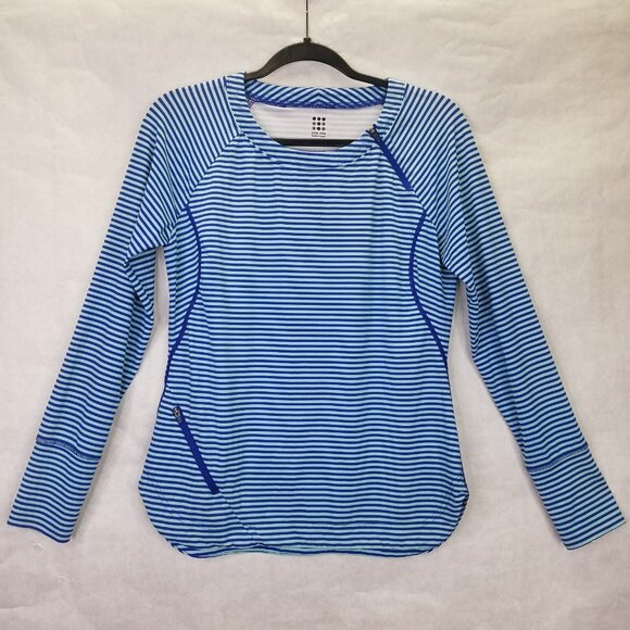 Title Nine Striped Sunblaster Top Women's M UPF Long Sleeve Teal White Scoop Hem - Picture 1 of 14